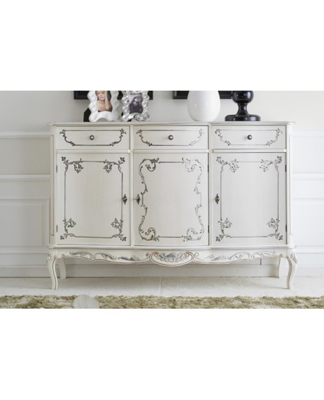 CREDENZA 3 PORTE 3 CASSETTI LEGNO MASSELLO CON INTARSIO LACCATO BIANCO
