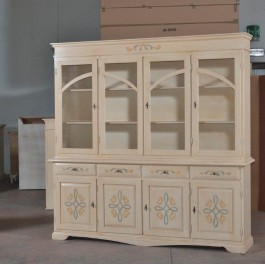 CRISTALLIERA VETRINA CREDENZA BASE + ALZATA 4 ANTE DECORATA AVORIO PENNELLATO - codluis 1038