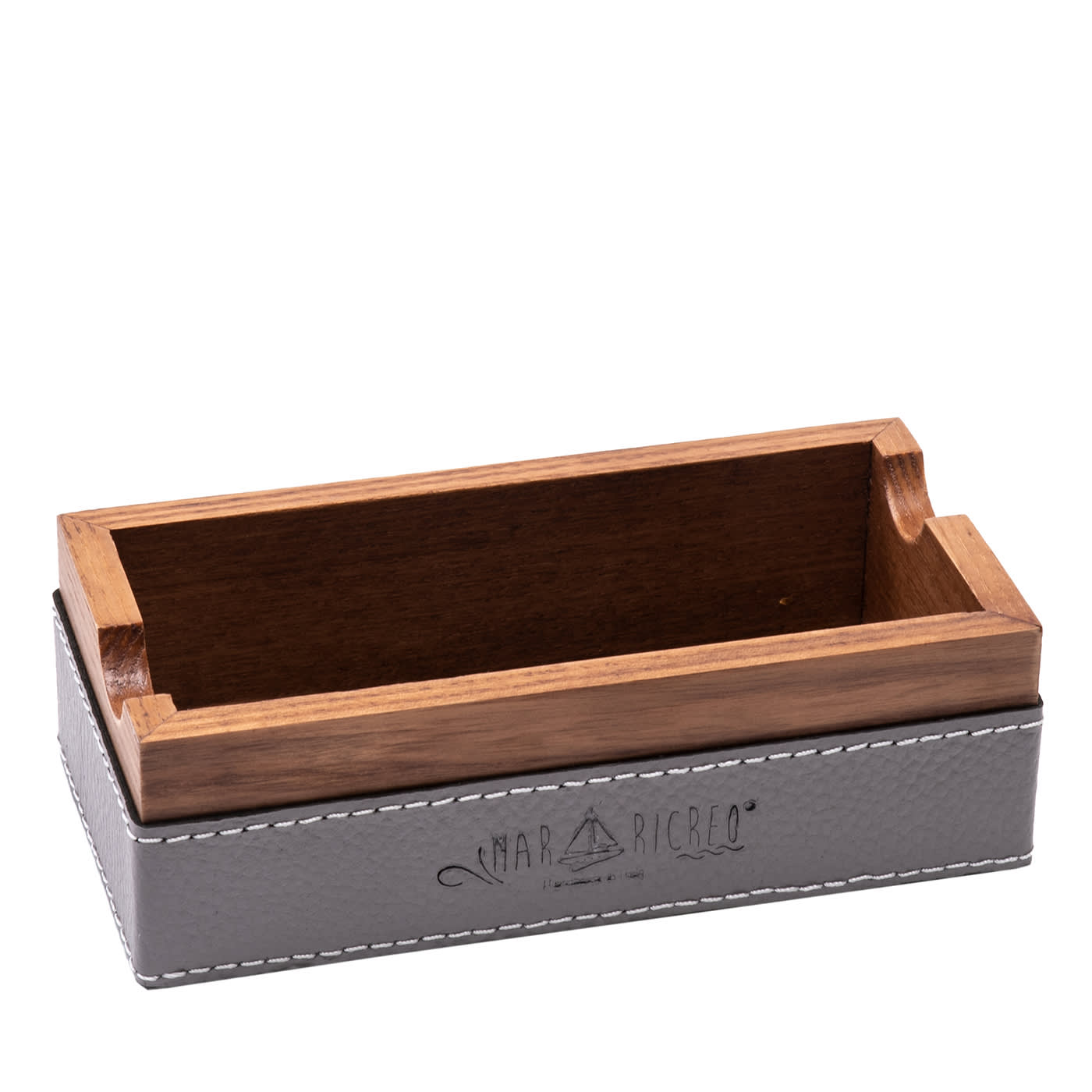 Posacenere in legno e acciaio con inserti in ecopelle grigia