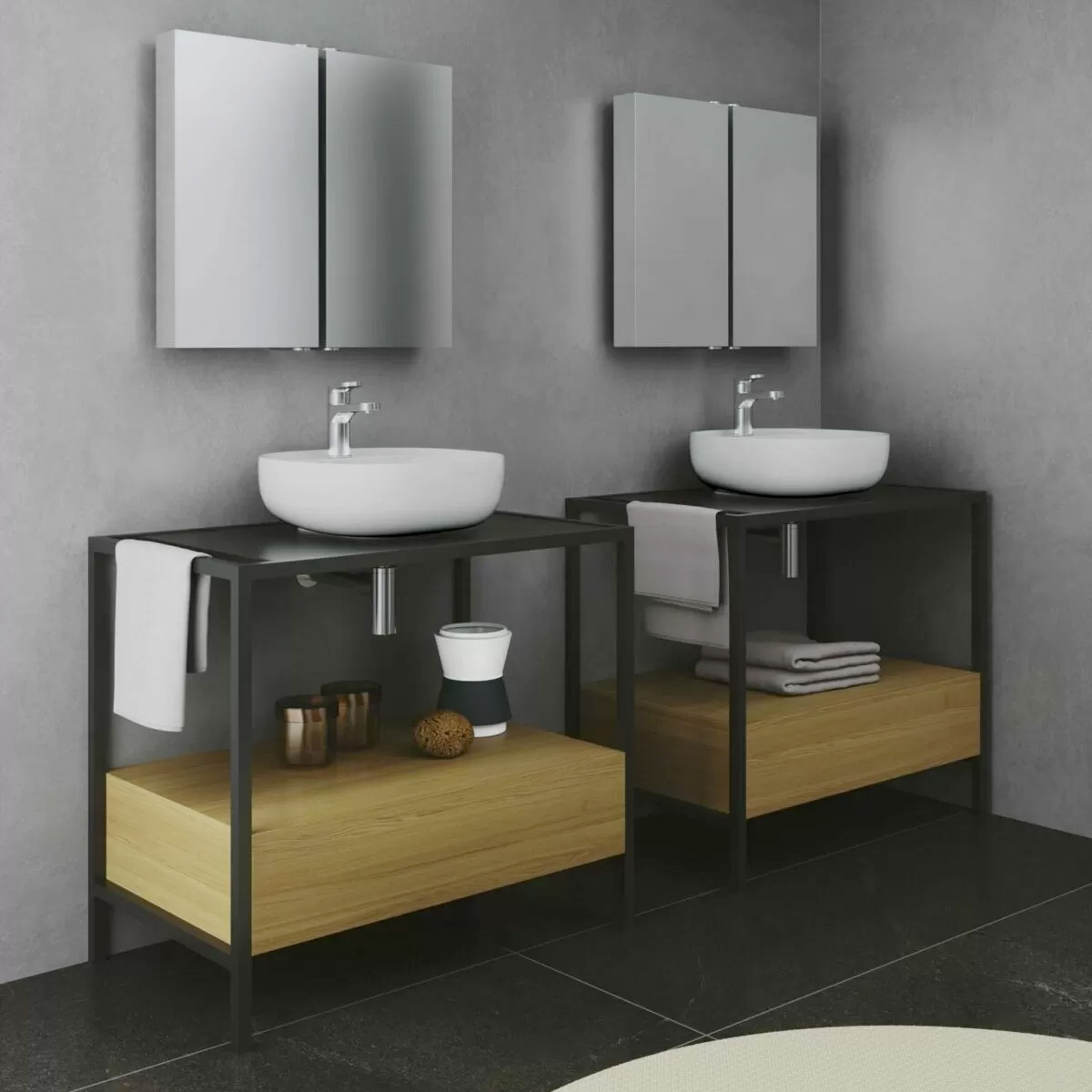Struttura a terra in metallo verniciato con mensola e cassetto Stand by Azzurra Ceramica