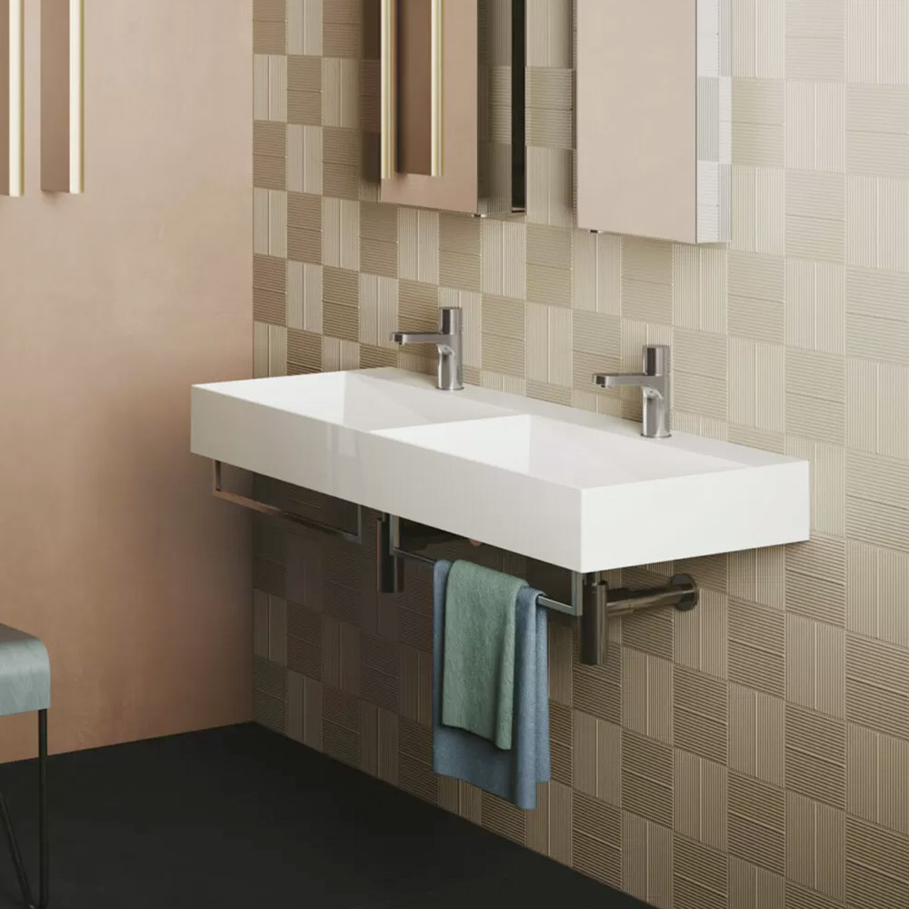 Lavabo doppia vasca da appoggio-sospeso in ceramica bianca lucida Elegance Squared
