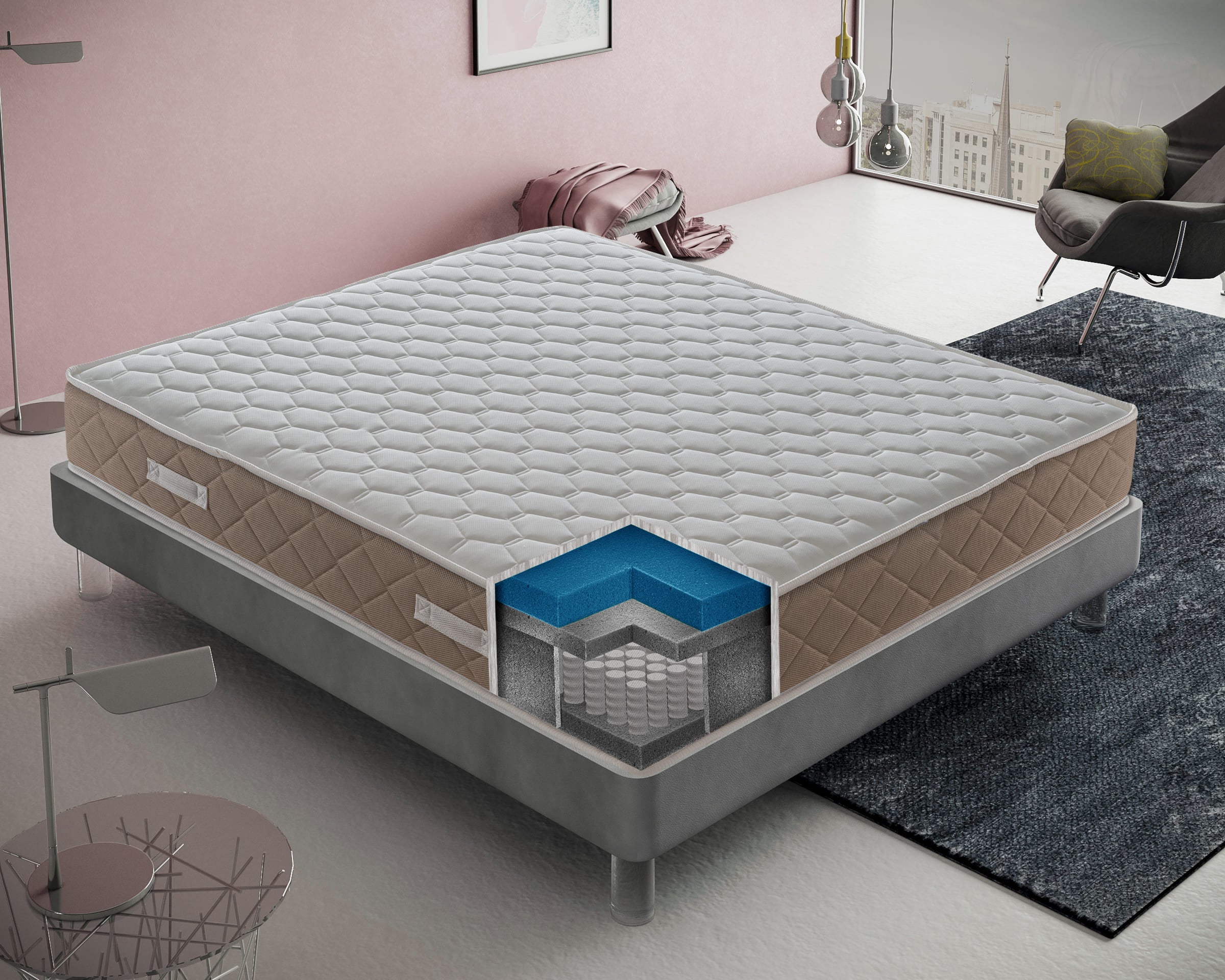 Materasso Matrimoniale 200x200 a molle insacchettate e memory foam, Gold Relax, Alto 25 cm, 4 cm memory Gel