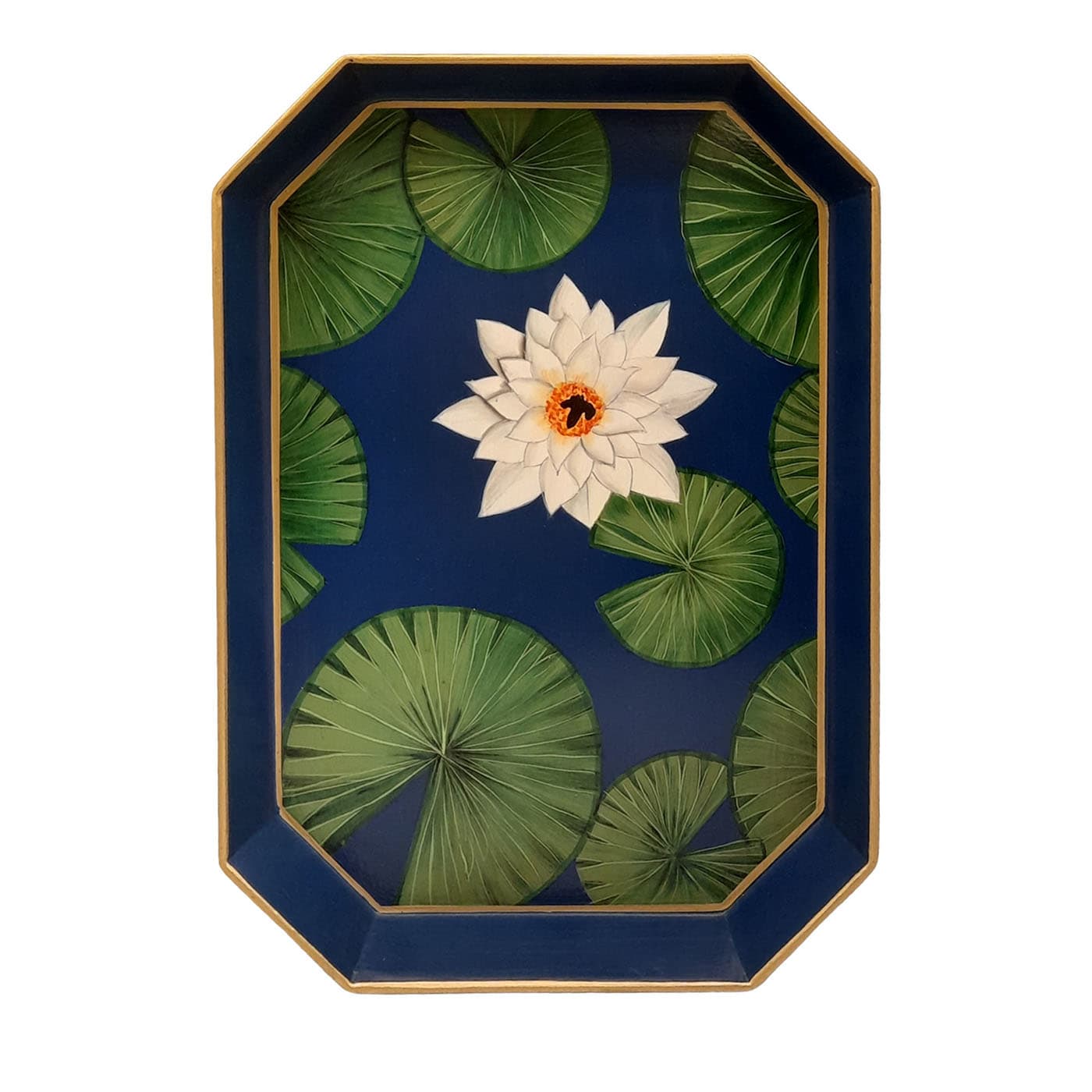 Vassoio in ferro con fiori di loto dipinti a mano