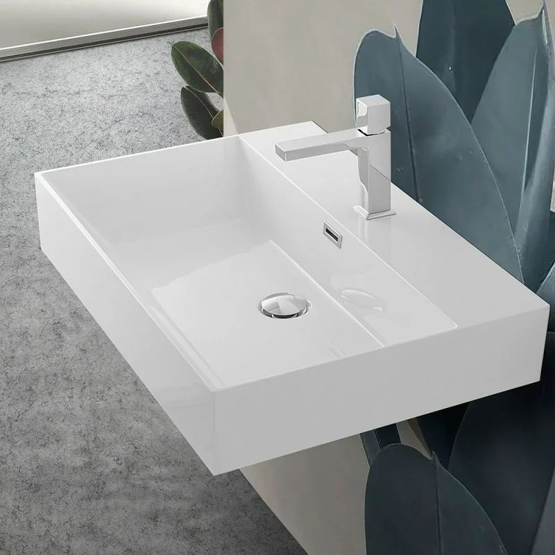 Lavabo sospeso rettangolare in resina 60 cm bianco lucido Loto