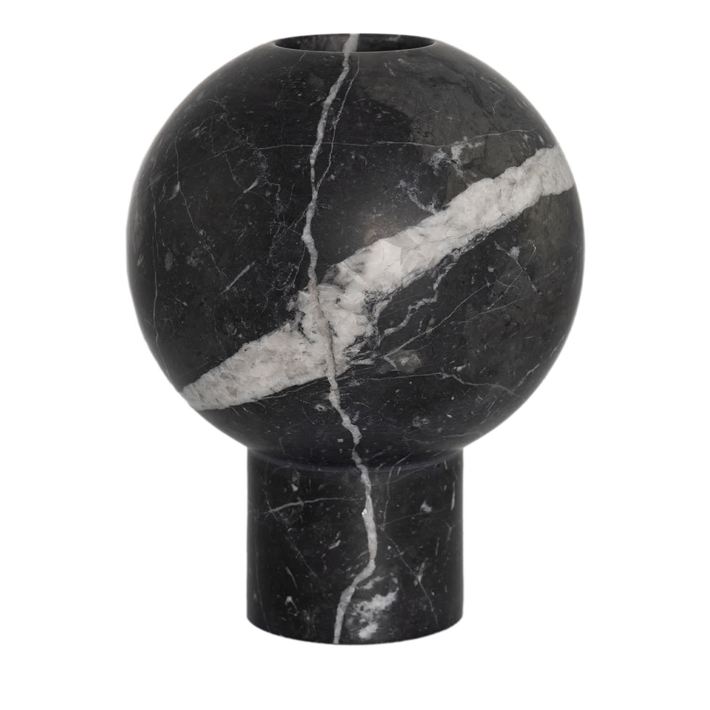 Vaso minimalista a sfera in marmo nero di Marquina