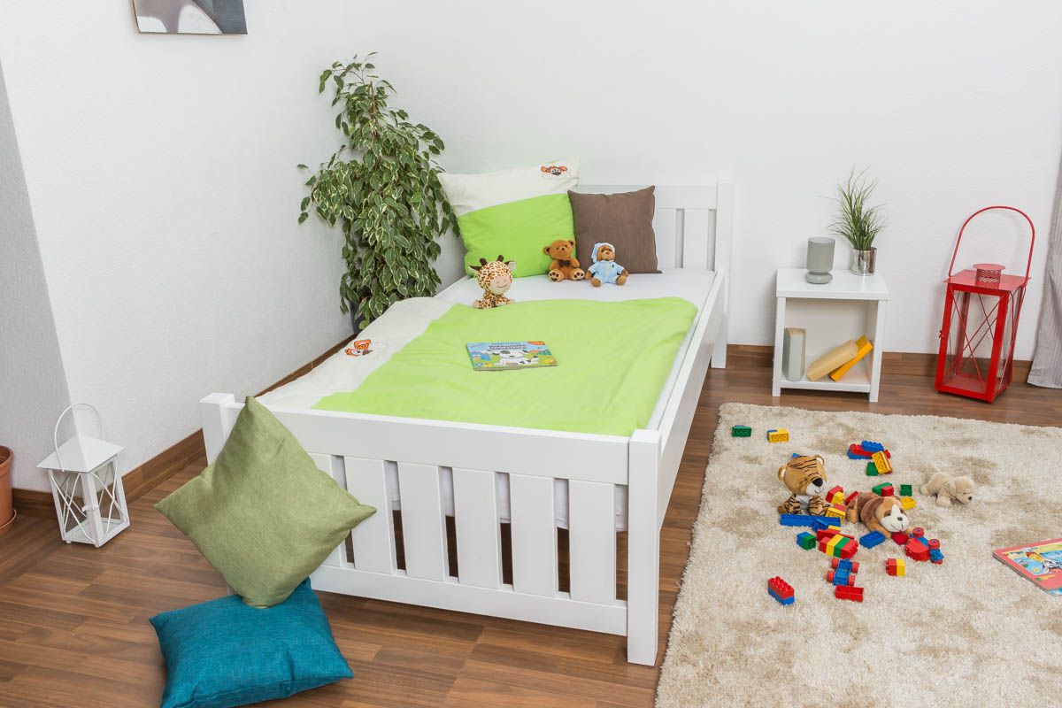 Letto singolo in pino massello laccato bianco 66, incl. rete a doghe - 100 x 200 cm