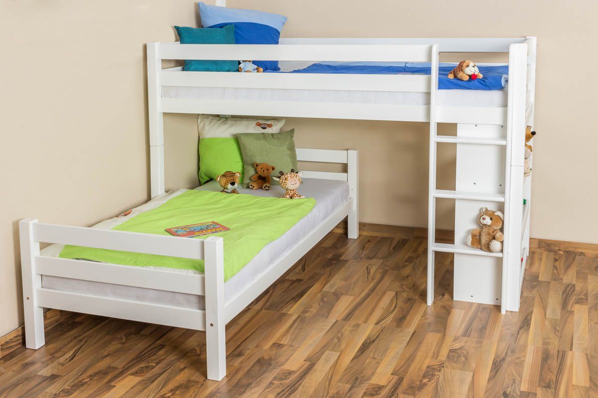 Letto a castello "Phillip", faggio massiccio, laccato bianco, incl. scaffale, incl. rete a doghe avvolgibile - 90 x 200 cm, divisibile