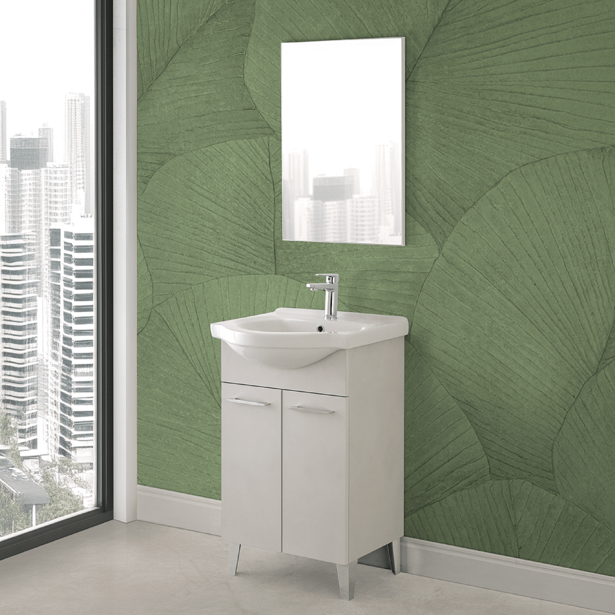 Mobile Bagno a Terra 65 Cm Due Ante Specchio 60x80 Cm Feridras "Iris" Grigio Calce