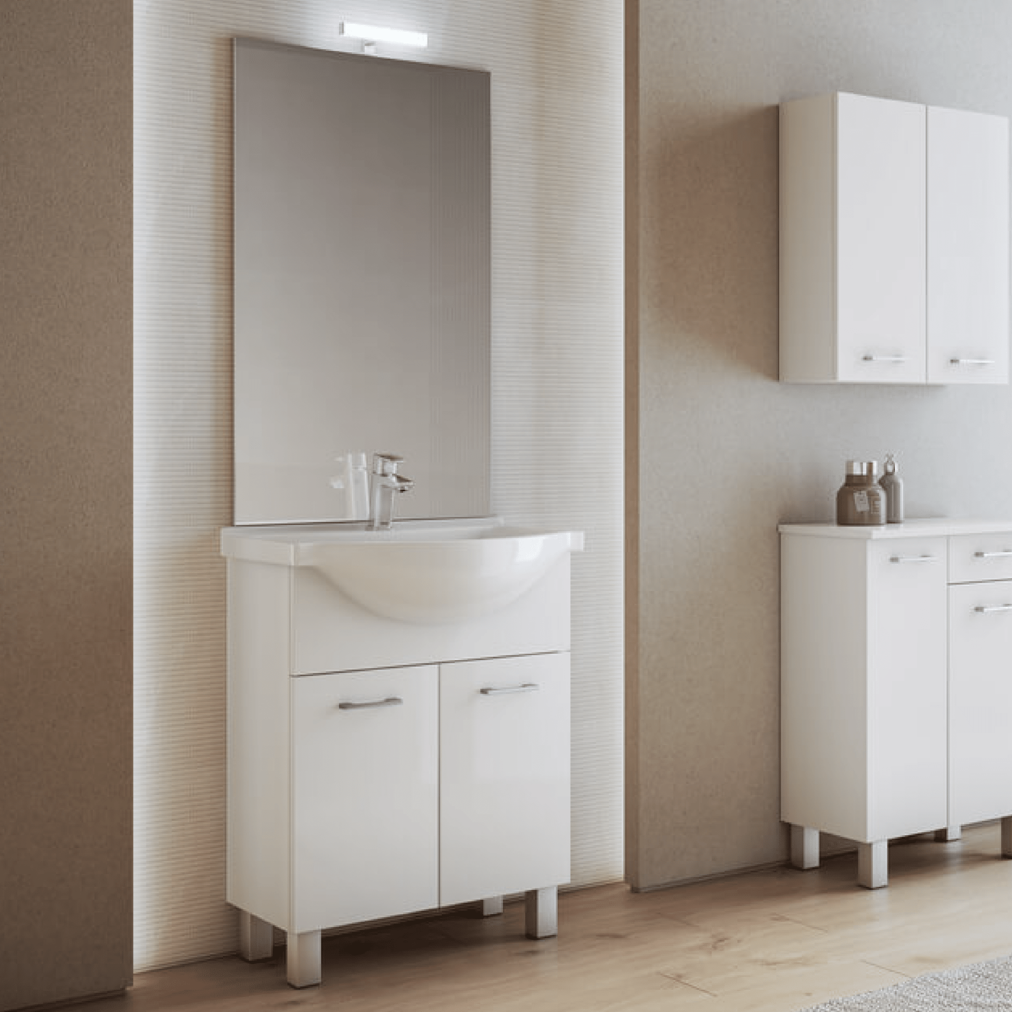 Mobile Bagno a Terra 65 Cm Due Ante Specchio Con Lampada Led 62x102 Cm Savini "Gaia 1"