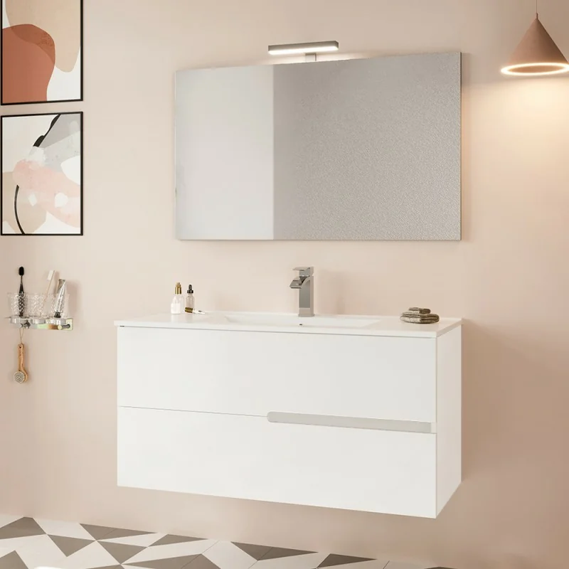 Mobile bagno sospeso 100 bianco lucido con lavabo e specchio LED Eva