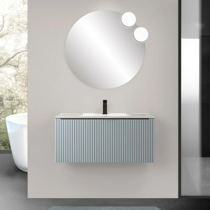 Mobile bagno sospeso 100 cm azzurro polvere cannettato con cassetto, specchio e lavabo Nara