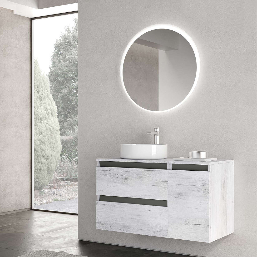 Mobile Bagno Sospeso 90 Cm Due Cassetti Un'Anta Specchio Retroilluminato Diametro 70 Cm Savini "Cube 2"
