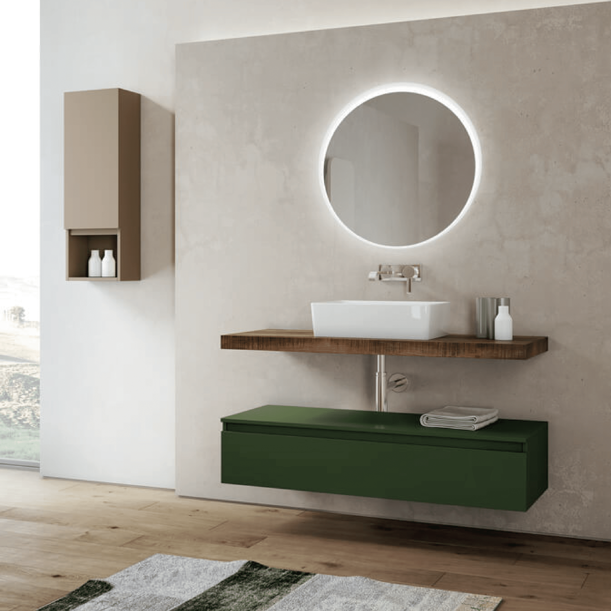 Mobile Bagno Sospeso 120 Cm Un Cassetto Mensolone Top Specchio Retroilluminato Diametro 90 Cm Led Savini "Ninfa"