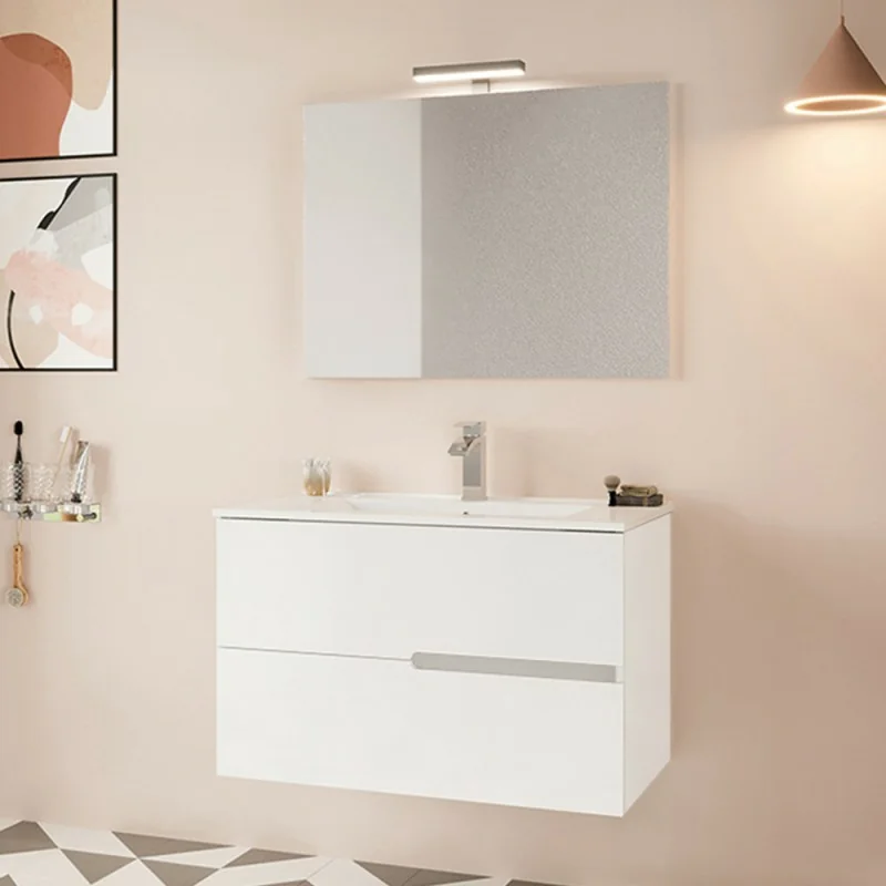 Mobile bagno sospeso 80 bianco lucido con lavabo e specchio LED Eva