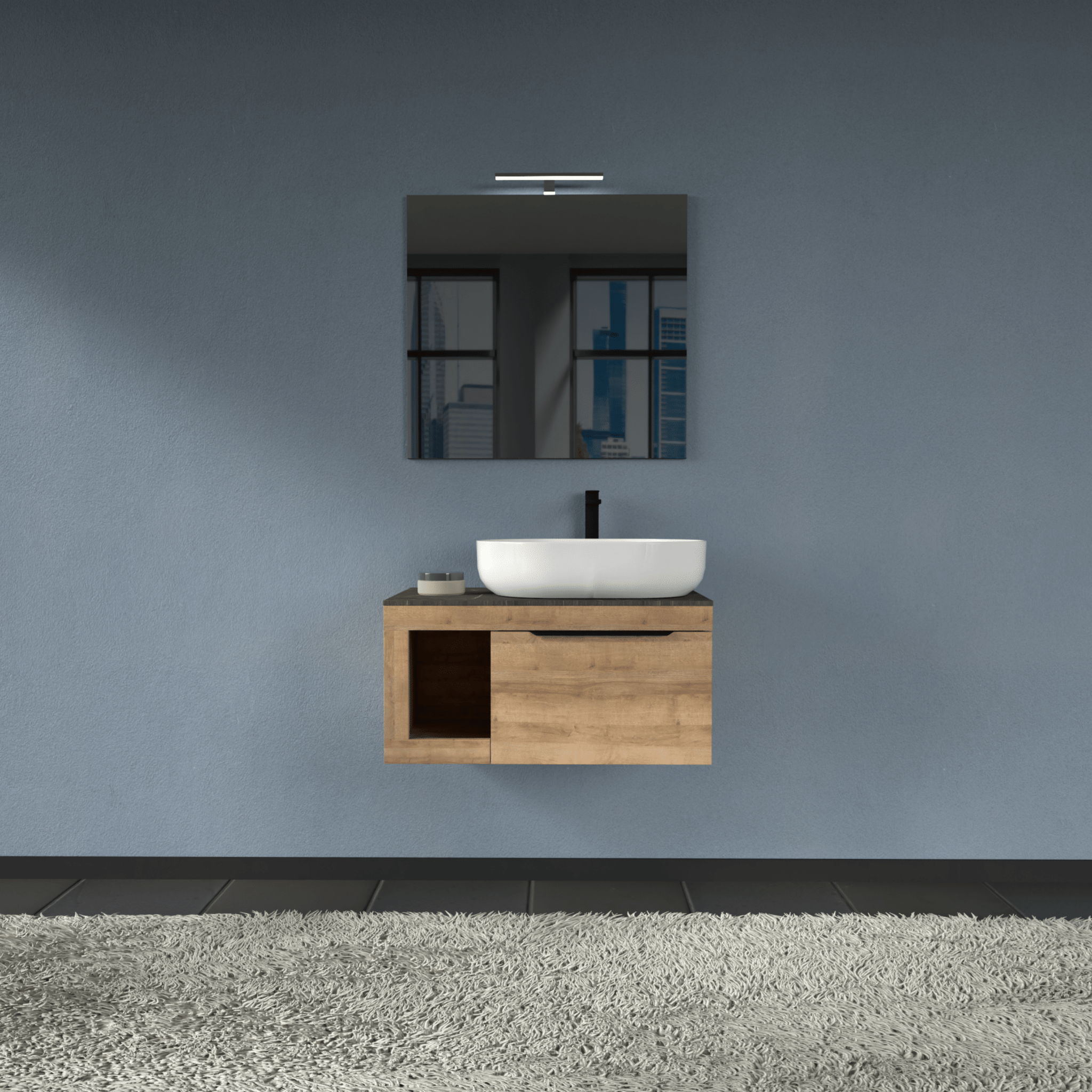 Mobile Bagno Sospeso 80 Cm Un Cassetto Con Vano a Giorno Specchio Con Lampada Led 70x80 Cm AdattoCasa "Lido" Rovere Farnia/Grigio Italia