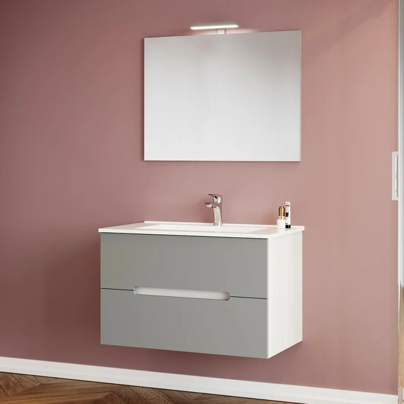 Mobile bagno sospeso 80 rovere bianco e tortora con lavabo e specchio Iris