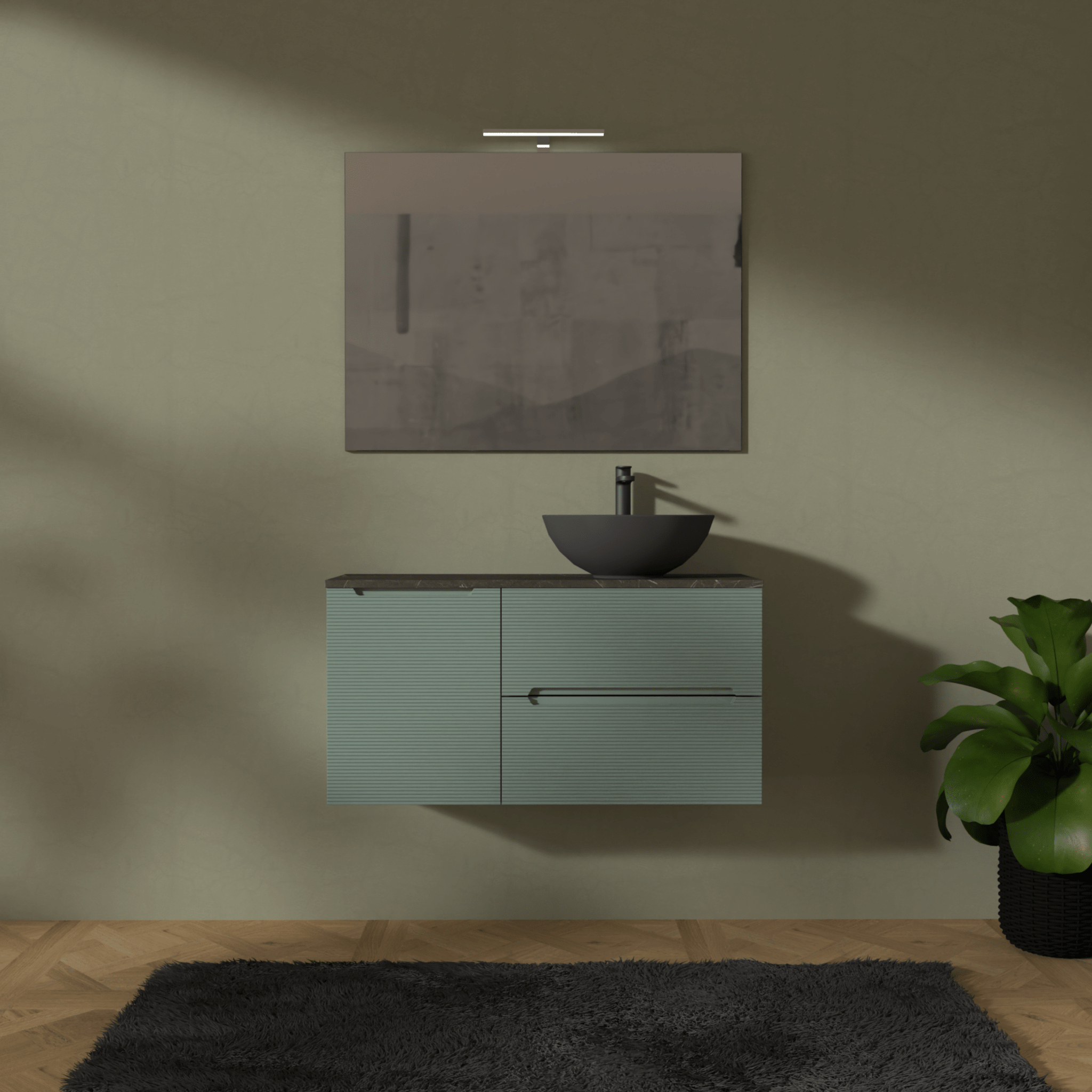 Mobile Bagno Sospeso Cannettato 100 Cm Due Cassetti Un'Anta e Top Specchio Con Lampada Led 70x100 Cm AdattoCasa "Rigo" Verde Salvia/Grigio Italia