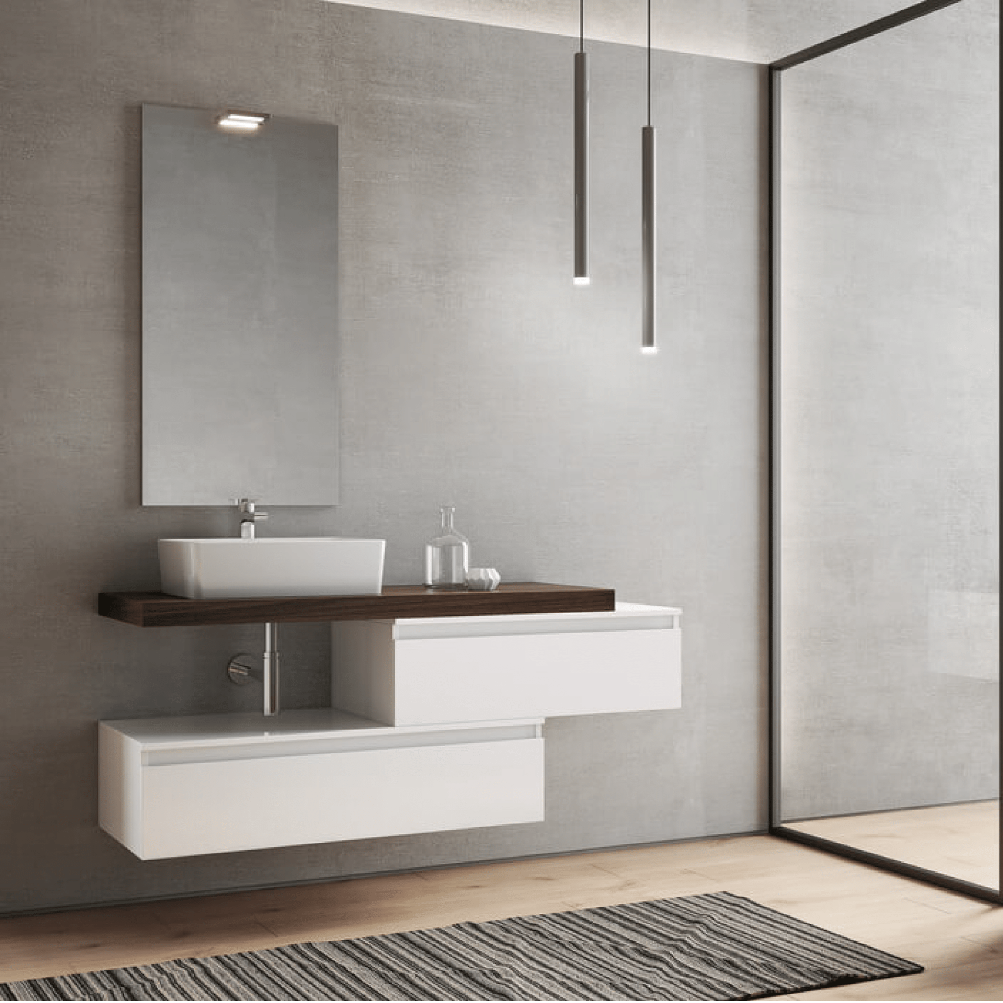 Mobile Bagno Sospeso Sfalsato 120 Cm Due Cassetti Specchio Con Lampada Led 52x102 Cm Savini "Ninfa"