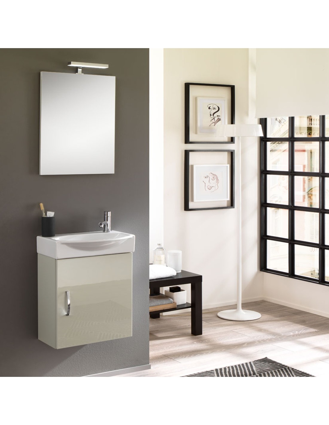 MOBILE DA BAGNO SOSPESO MINI42, LACCATO LUCIDO GRIGIO NUVOLA