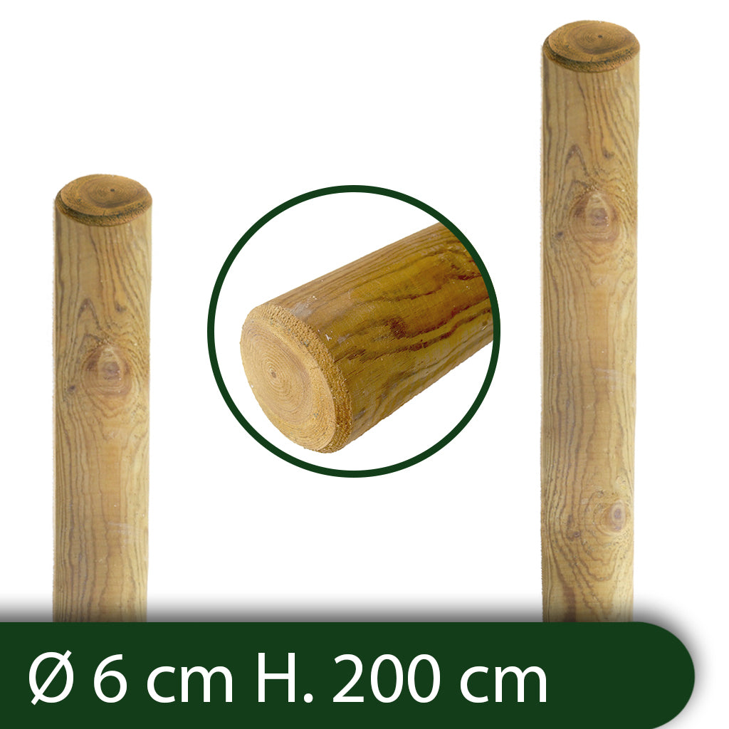 10pz pali in legno ø cm 6 altezza cm 200 h tondi senza punta trattati impregnati per recinzione per staccionata/steccato palo tondo cod:ferx.reti.4.6