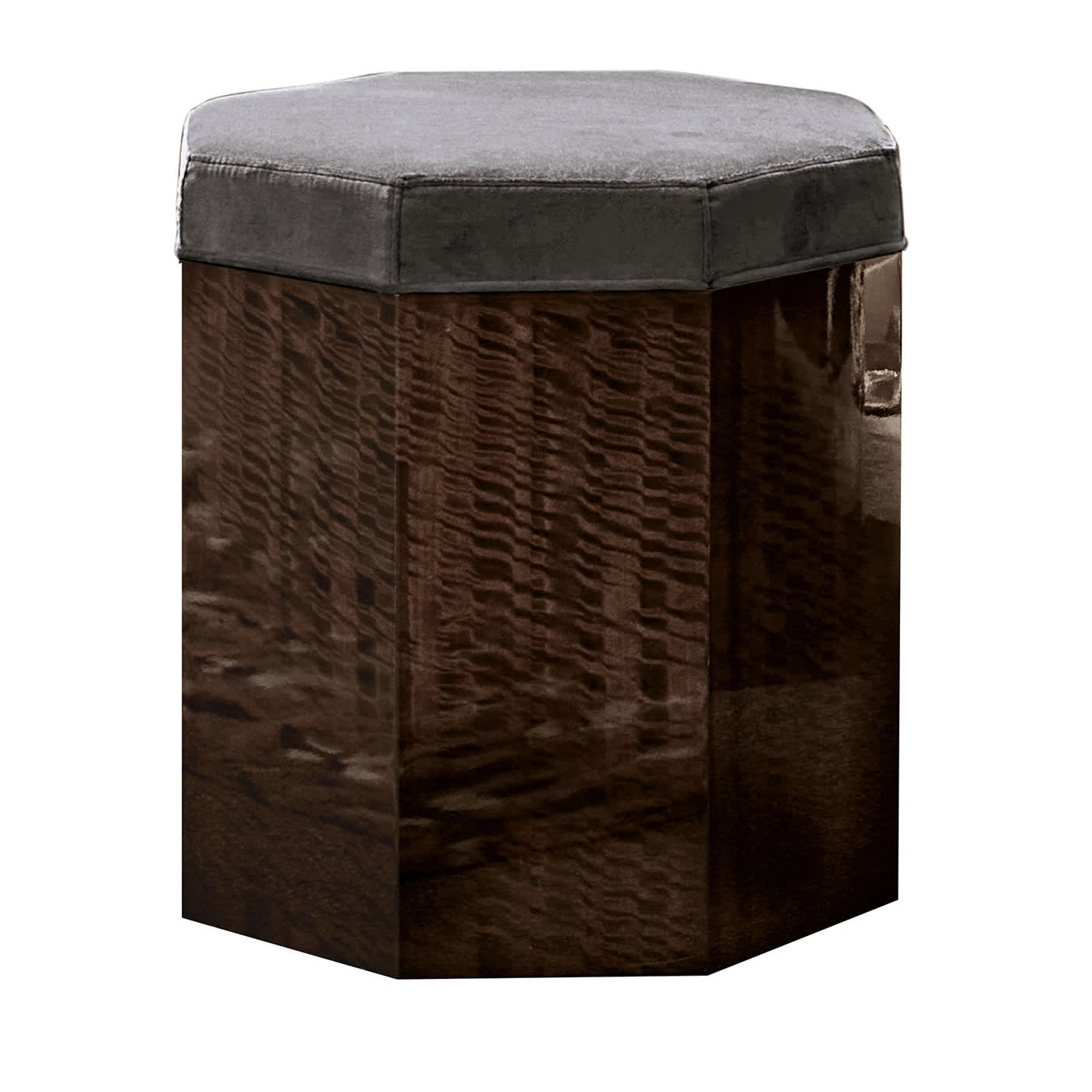 Sgabello in tessuto marrone e grigio dal taglio ottagonale