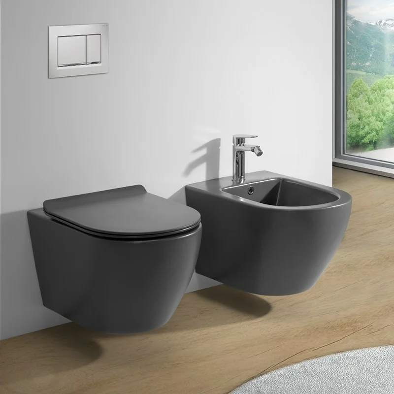 Sanitari sospesi rimless in ceramica grigio opaca con copriwc Tokyo