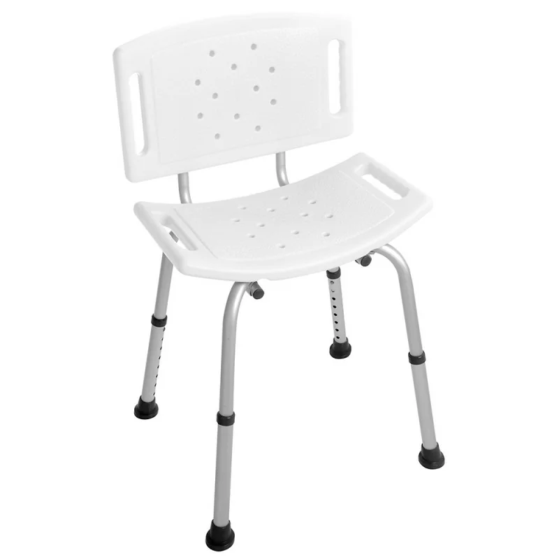 Sedia doccia bianca con schienale regolabile in altezza e piedi antiscivolo