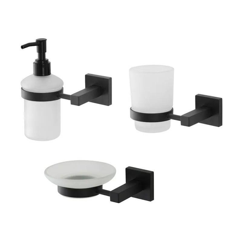 Set accessori a muro 3 pezzi in vetro e acciaio nero opaco e viti incluse Levante