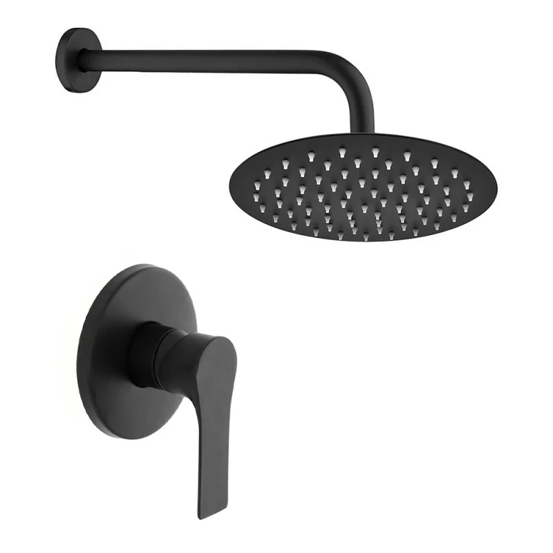 Set doccia nero opaco con braccio 35cm, soffione 25cm e miscelatore linea Flat