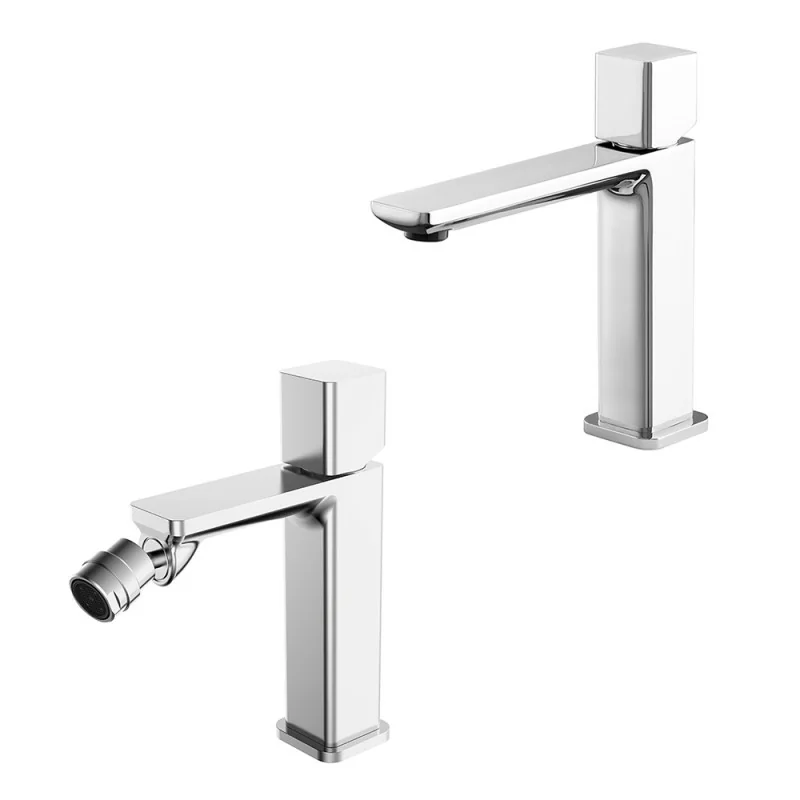 Set miscelatori lavabo a bocca lunga e bidet in ottone cromato Lotus