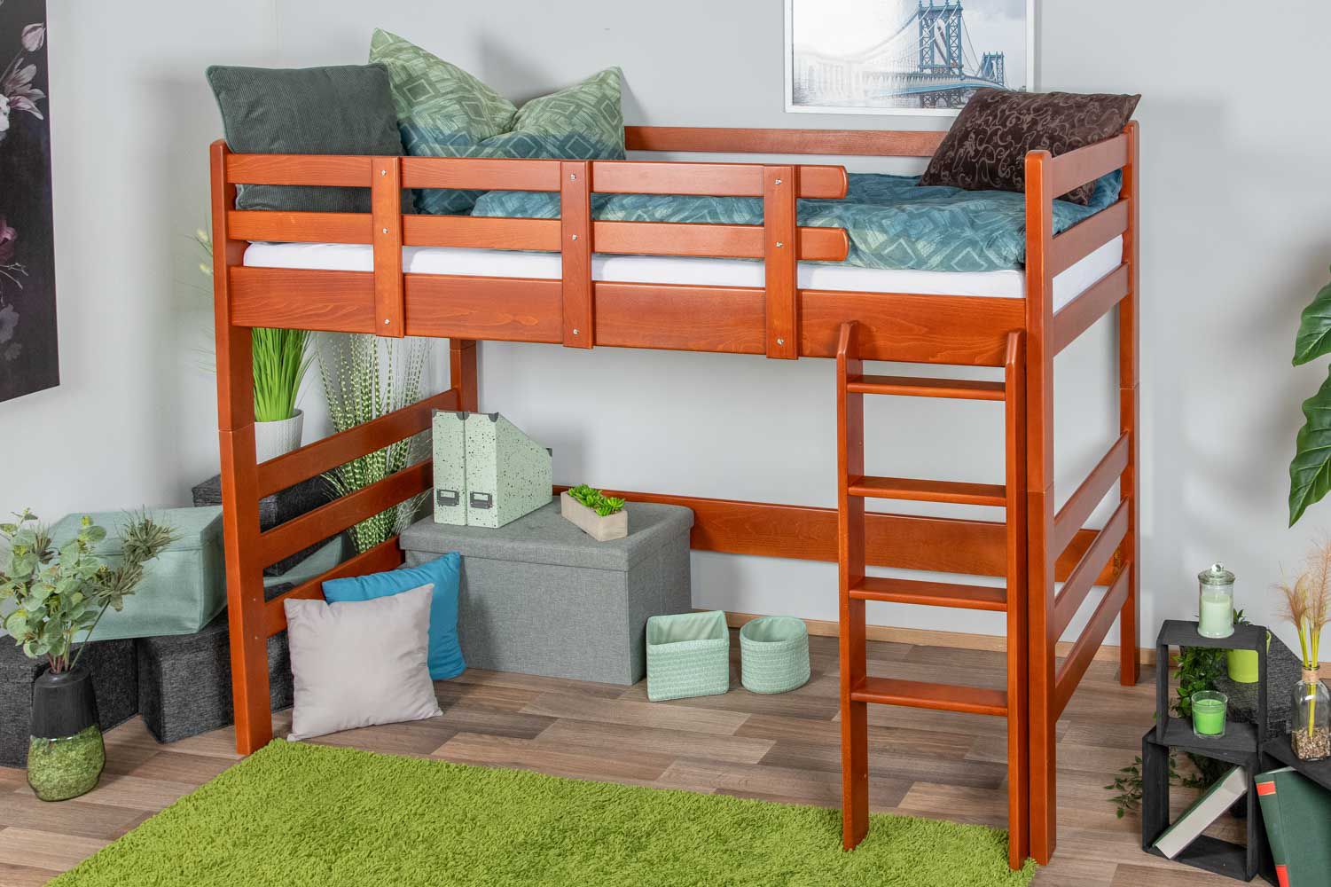 Letto a soppalco 90 x 190 cm, "Easy Premium Line" K22/n, legno massiccio di faggio color ciliegio, divisibile