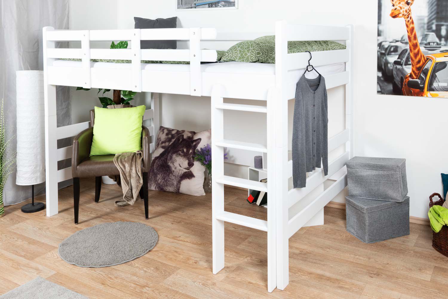 Letto a soppalco per adulti "Easy Premium Line" K23/n, legno massiccio di faggio, laccato bianco, divisibile - base materasso: 120 x 190 cm