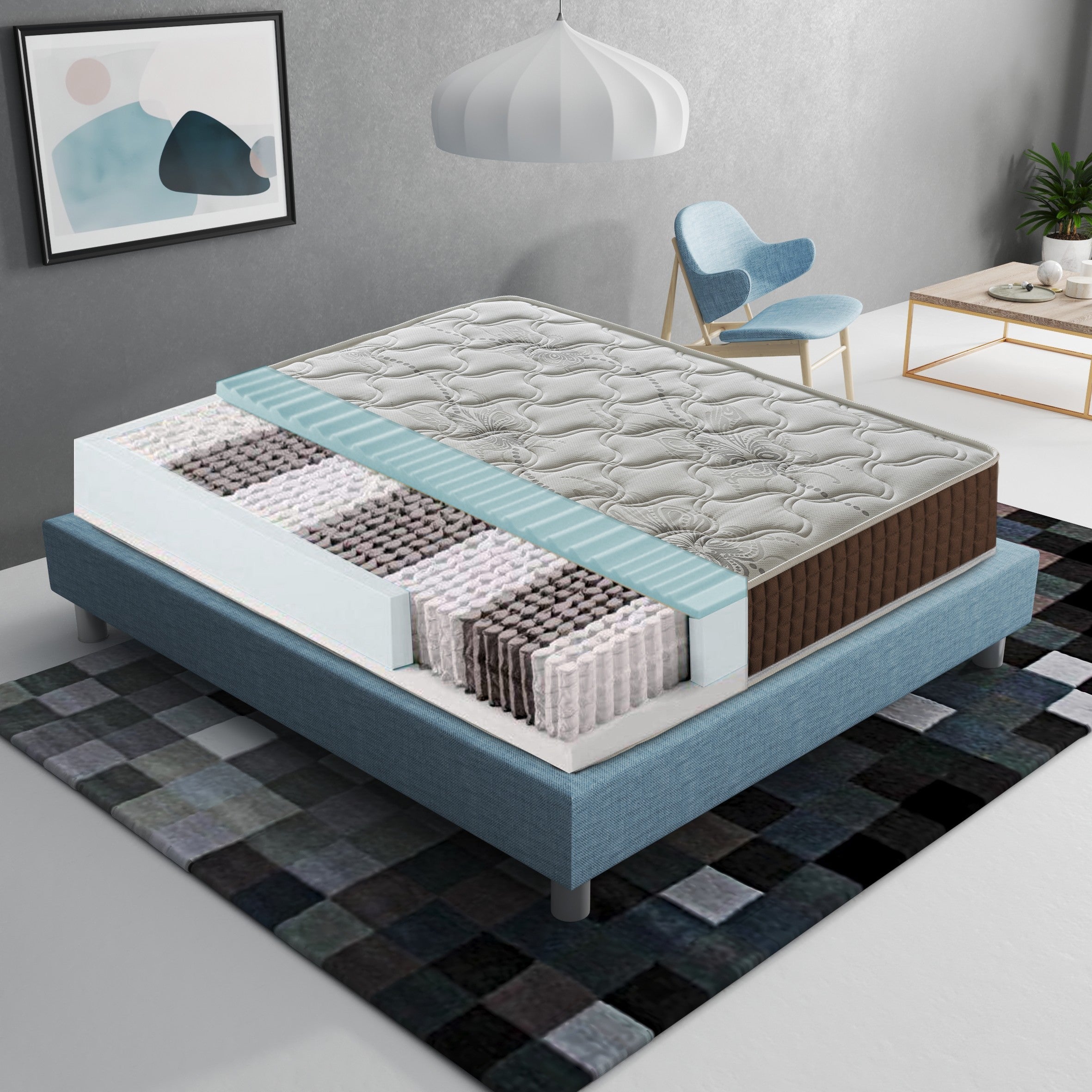 Materasso Singolo 90x200 a molle insacchettate, altezza 23 cm , 3 cm memory foam, ortopedico, 800 molle insacchettate, zone di comfort