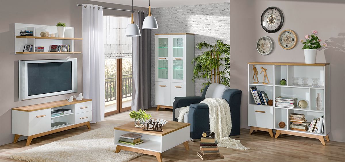 Soggiorno completo - Set C "Panduros", 6 pz, bianco pino / marrone rovere