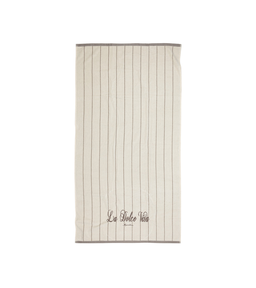 Telo mare panna righina grigia con ricamo